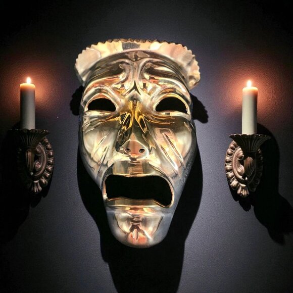 Vintage 1970s Brass Tragedy Death Mask Wall Art Gothic Theater Drama Prop Ribbon - Picture 1 of 8